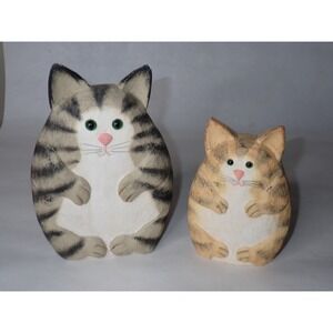 James Haddon Wood Cat Figurines 2 Gray & Orange Tabby  Signed Folk Art Vintage